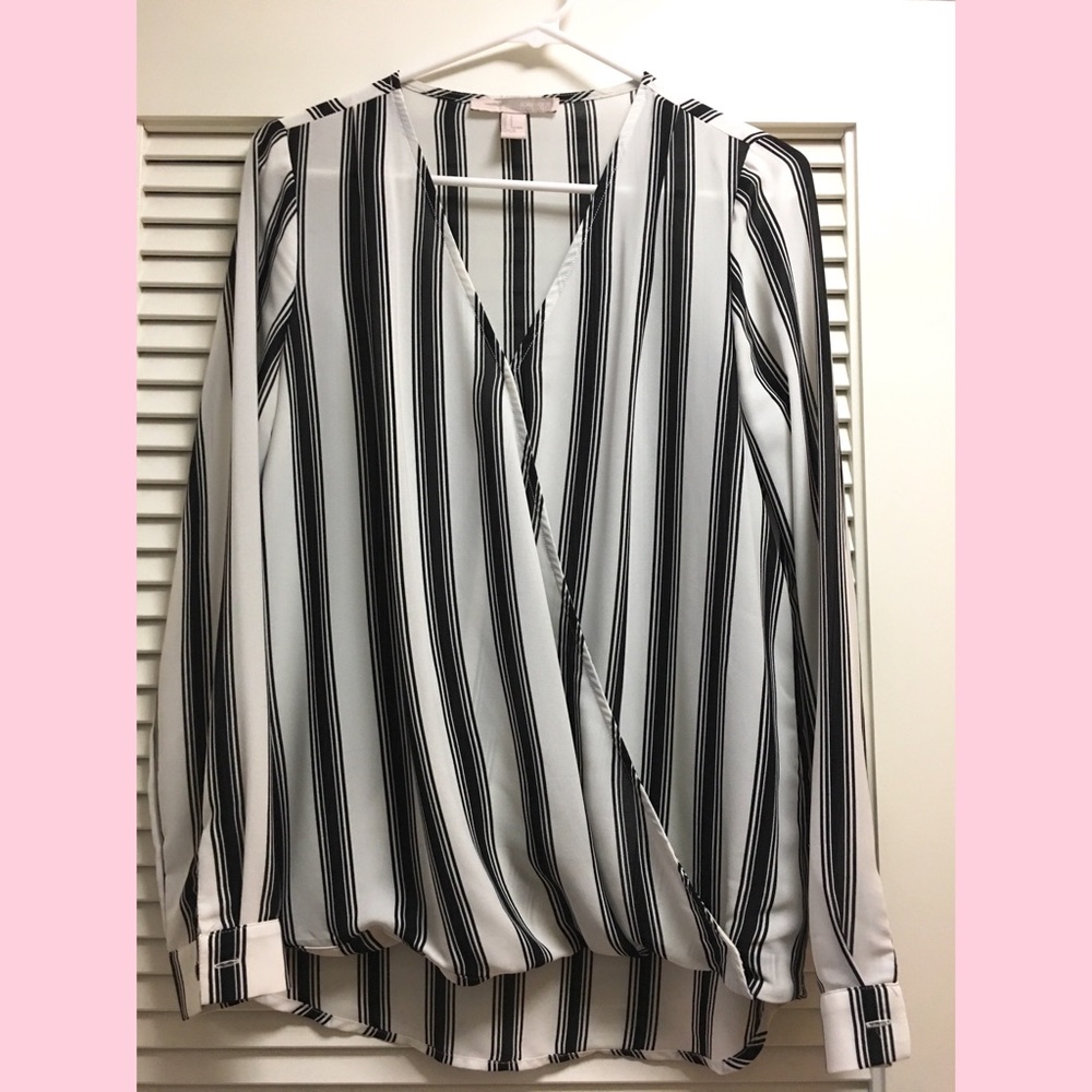 Workwear Chiffon like faux wrap striped blouse
